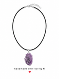 Raw amethyst cluster pendant necklace on black cord handmade by Fi