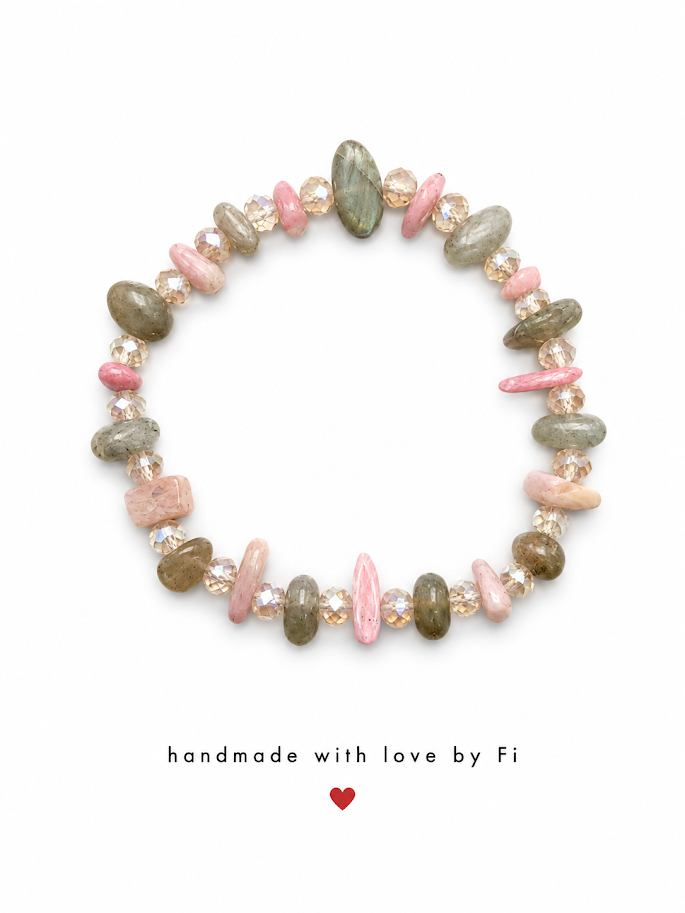 Labradorite and rhodonite chip bracelet with champagne AB crystal rondelle spacers handmade by Fi