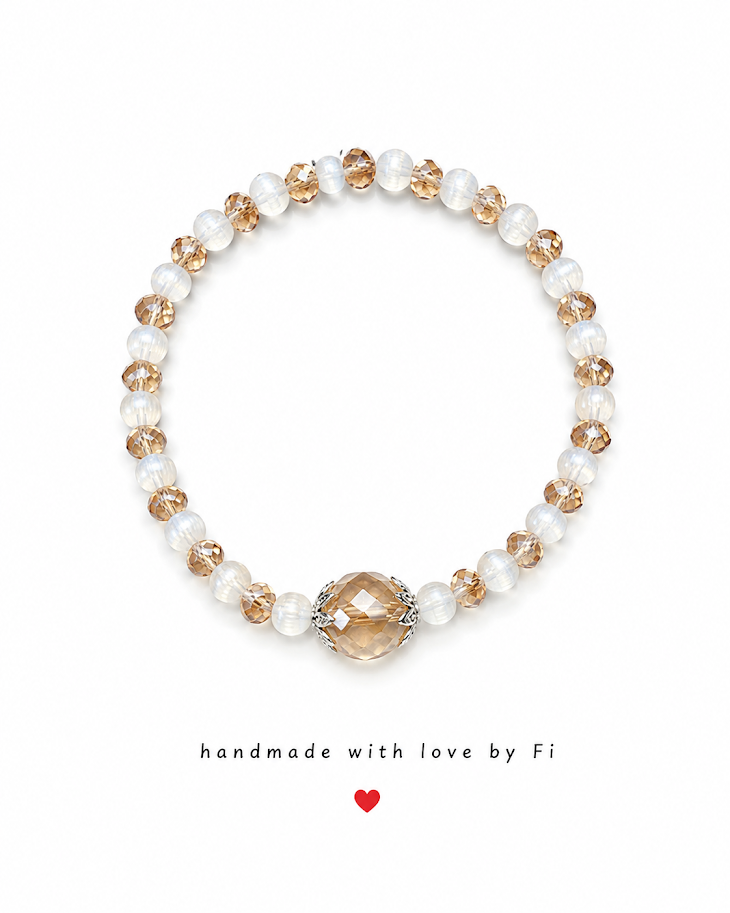 White cat's eye and champagne crystal bracelet with large faceted focal bead in ornate silver filigree handmade by Fi