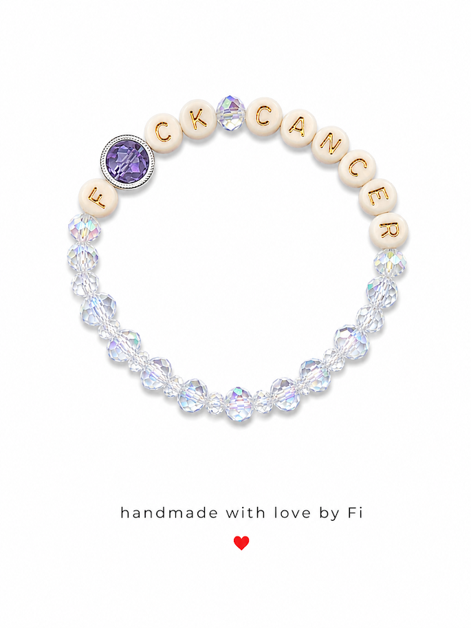 F*CK CANCER crystal and letter bead charity bracelet with purple amethyst charm handmade by Fi — £1 from every sale donated to cancer charity