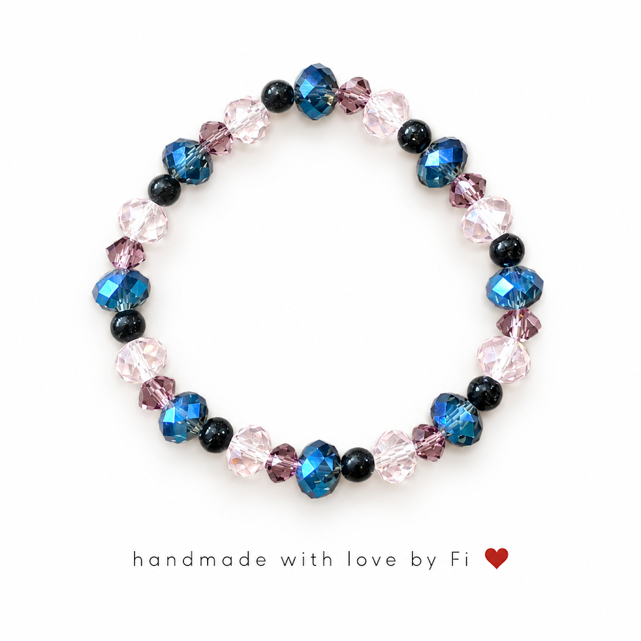 Handmade blue, pink and black crystal bead stretch bracelet