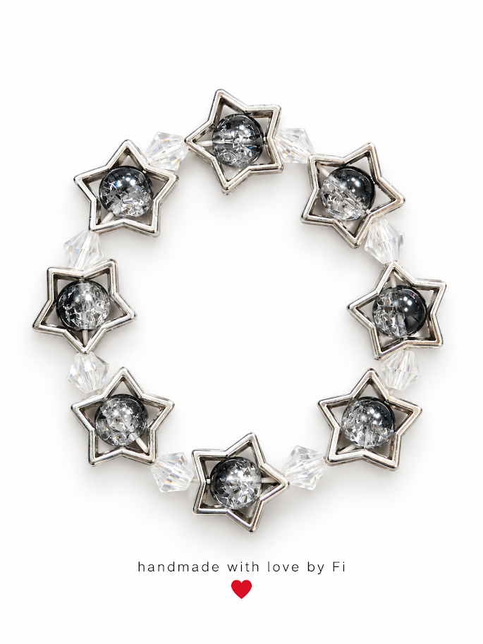 Handmade silver-tone star bracelet with smoky crystal-look beads and clear faceted accents