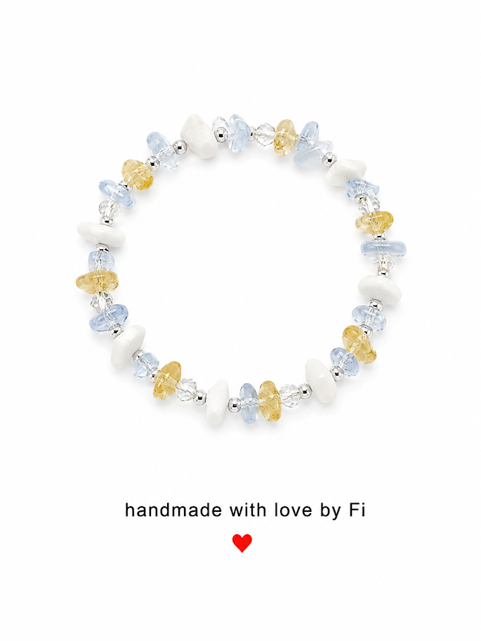 White howlite, aquamarine and citrine chip bracelet with clear crystal bicones and silver ball spacers handmade by Fi
