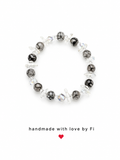 Black and grey crackle agate and clear quartz crystal point chip stretch bracelet handmade by Fi