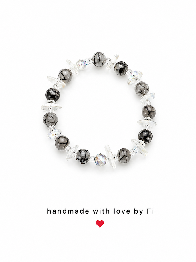 Black and grey crackle agate and clear quartz crystal point chip stretch bracelet handmade by Fi