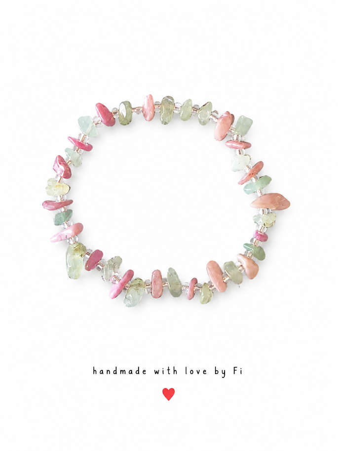 Prehnite, aquamarine and pink rhodonite chip bracelet with silver rondelle spacers handmade by Fi