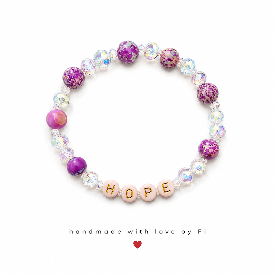 HOPE word bead bracelet with purple imperial jasper and iridescent crystal beads handmade by Fi