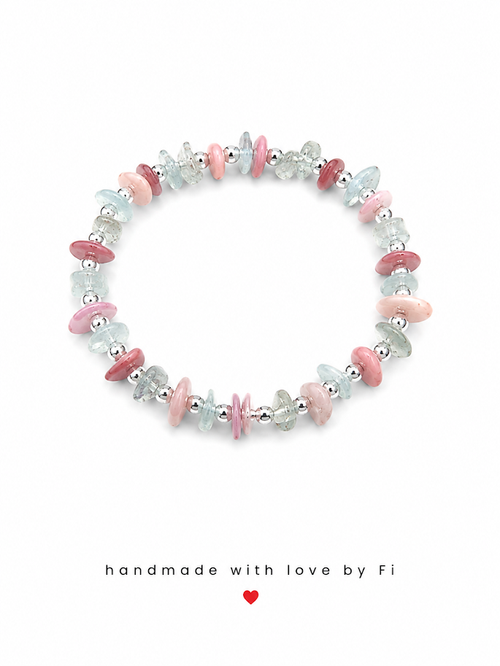 Aquamarine and pink rhodonite chip bracelet with silver ball spacers handmade by Fi