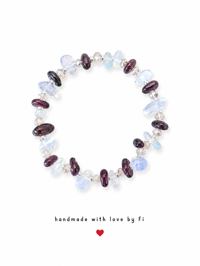 Garnet and opalite chip bracelet with smoky champagne crystal rondelles and silver ball spacers handmade by Fi