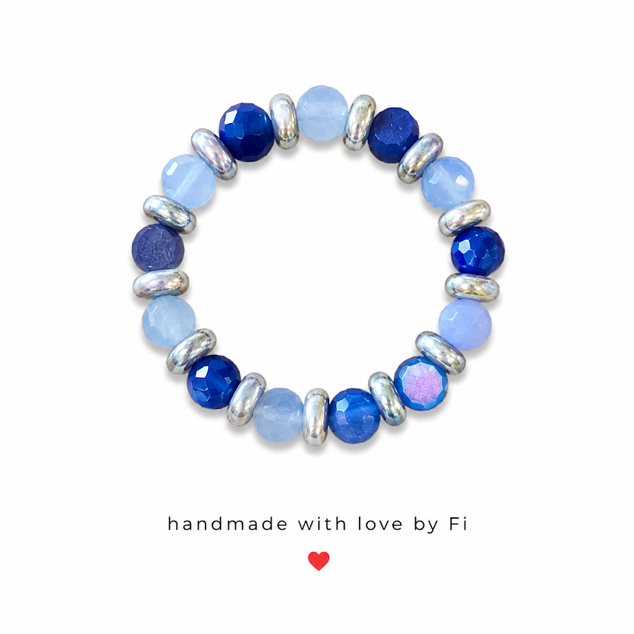 Sky blue royal blue AB and indigo mixed bead bracelet with silver disc spacers handmade by Fi
