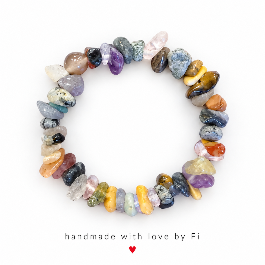 Chunky Mixed Gemstone Chip Bracelet with Raw Rose Quartz Point handmade by Fi