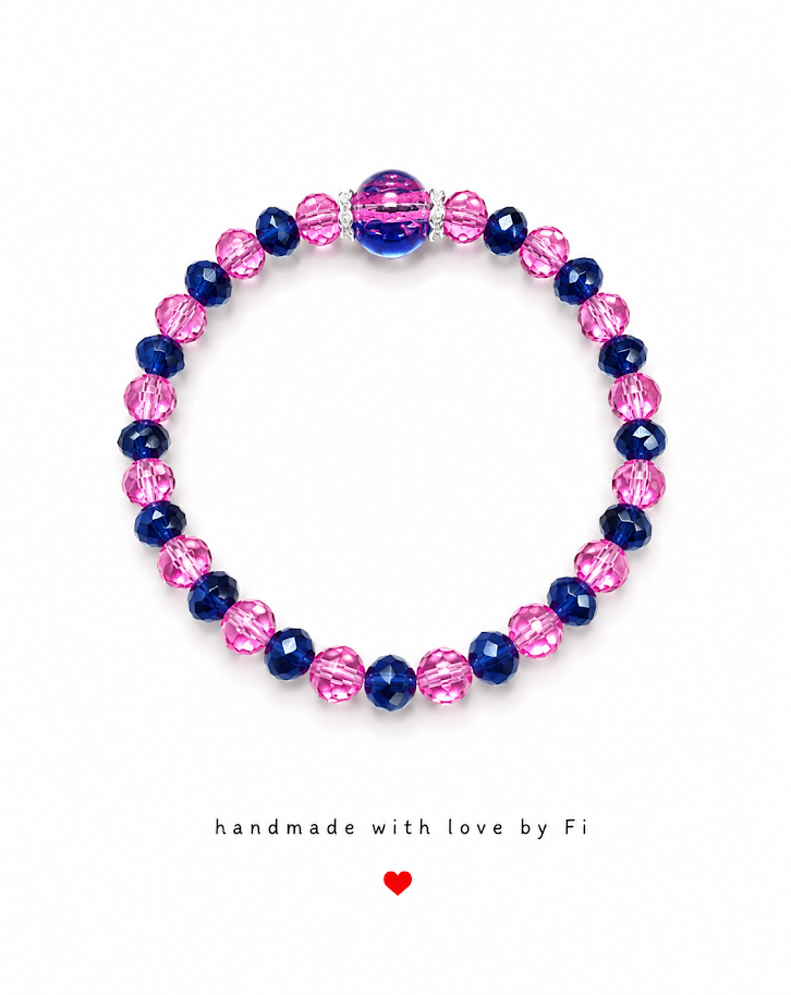 Hot pink and navy blue acrylic crystal bracelet with large blue globe focal bead and silver diamanté spacers handmade by Fi