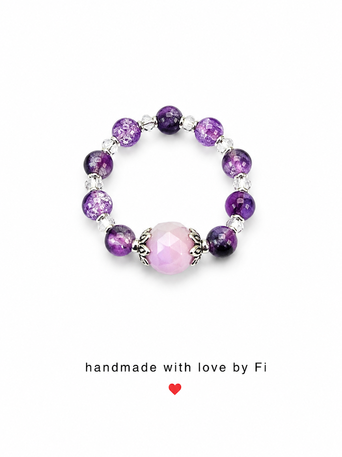 Rose quartz and amethyst crackle agate stretch ring with silver lotus bead caps handmade by Fi