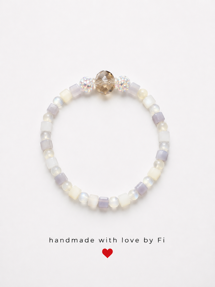 Lavender and white cat's eye cube bracelet with champagne crystal focal bead handmade by Fi