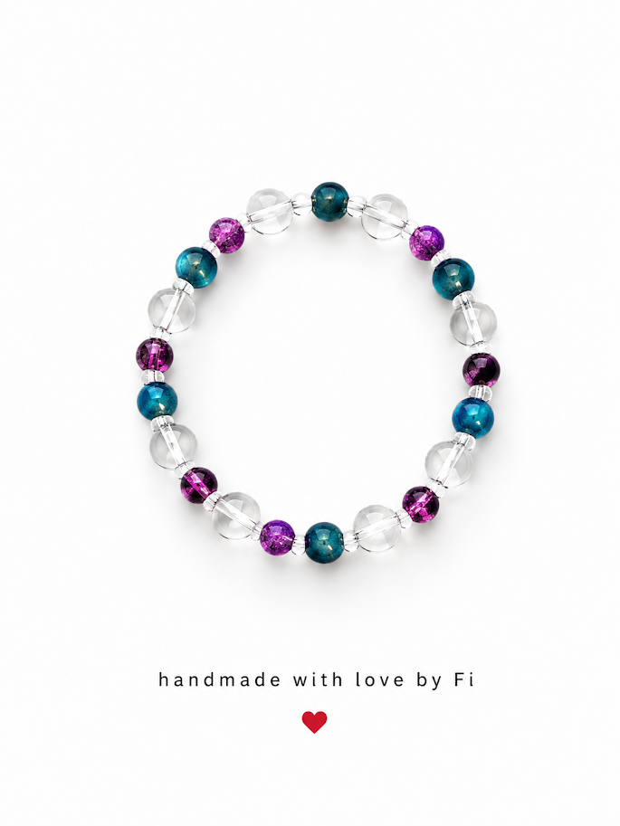 Teal apatite, purple crackle agate and clear quartz crystal stretch bracelet handmade by Fi