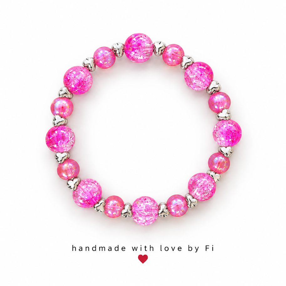 Hot Pink Crackle & Pearl Bracelet with Silver Butterfly Spacers handmade by Fi