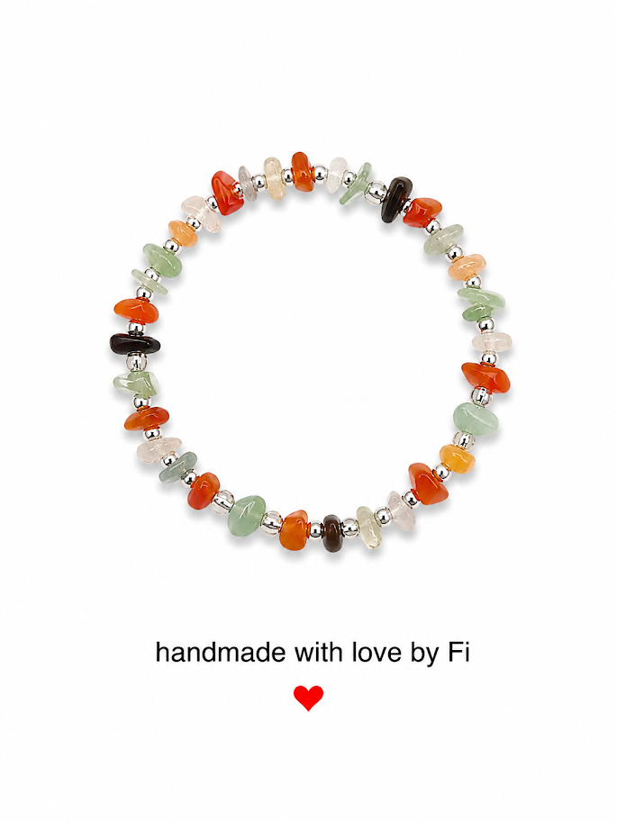 Carnelian, aventurine, moonstone and mixed gemstone chip bracelet with silver ball spacers handmade by Fi