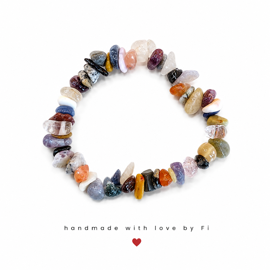 Mixed gemstone chip stretch bracelet in rainbow colours handmade by Fi