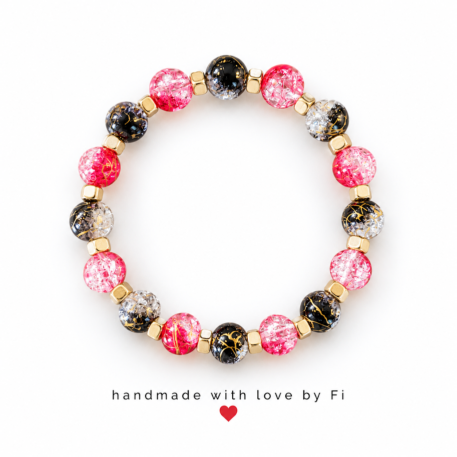 Hot Pink, Black Galaxy & Silver Crackle Bracelet with Gold Spacers handmade by Fi