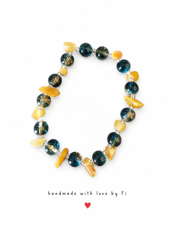 Teal galaxy crackle quartz and golden cat's eye disc chip bracelet with crystal spacers handmade by Fi