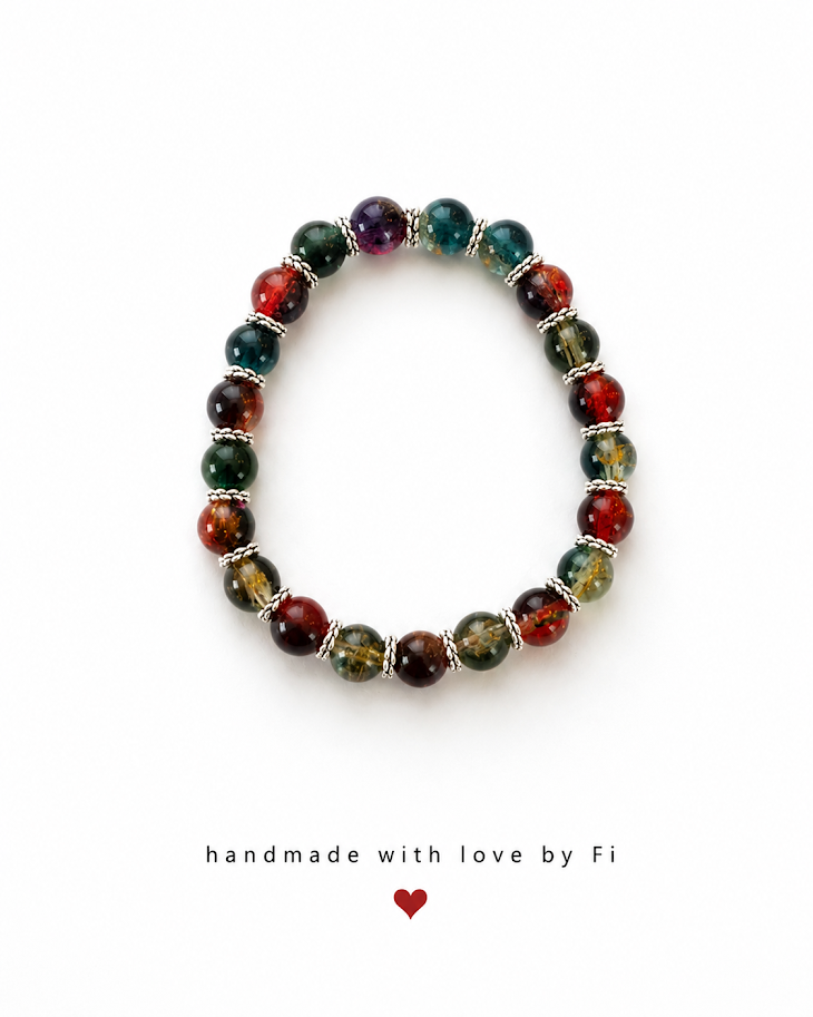Multicolour bloodstone beaded stretch bracelet with silver rope disc spacers handmade by Fi