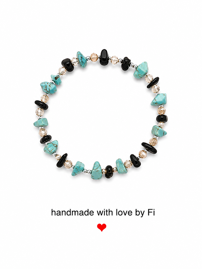 Turquoise, black onyx and champagne crystal bracelet with silver ball spacers handmade by Fi