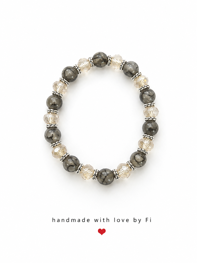 Grey labradorite and champagne crystal stretch bracelet with silver rope disc spacers handmade by Fi