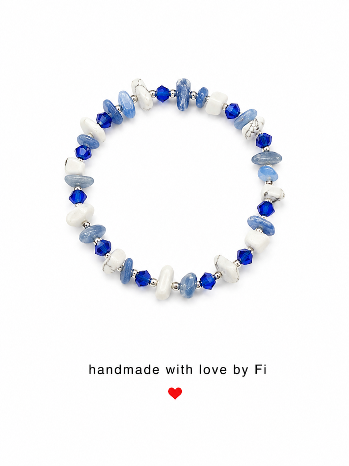 Sodalite, howlite and cobalt blue crystal rondelle bracelet with silver ball spacers handmade by Fi