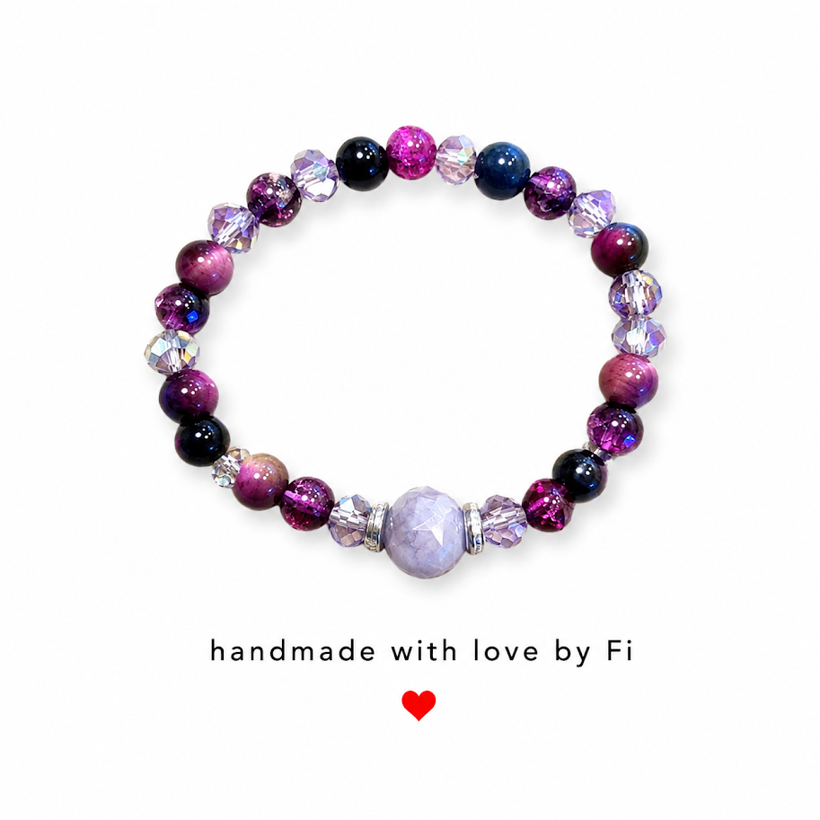 Purple tiger eye and lavender agate bracelet with black onyx pink crackle lilac crystal bicones and silver daisy spacers handmade by Fi