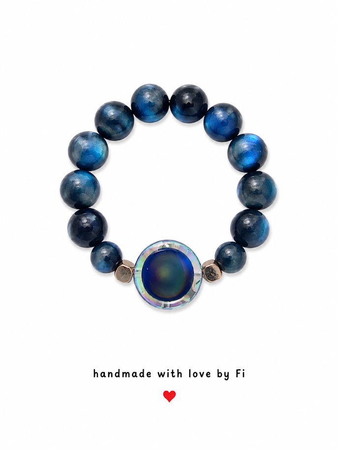 Blue tiger's eye mood ring with iridescent AB crystal mood stone and silver hex spacers handmade by Fi