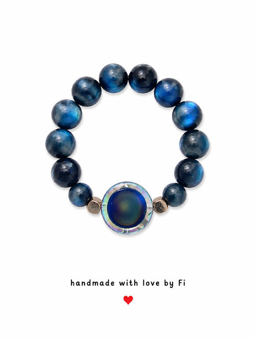 Blue tiger's eye mood ring with iridescent AB crystal mood stone and silver hex spacers handmade by Fi