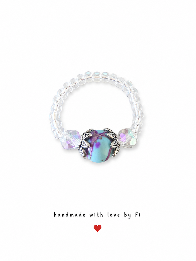 Teal and purple sea sediment jasper focal ring with AB crystal chunks and silver bead caps handmade by Fi
