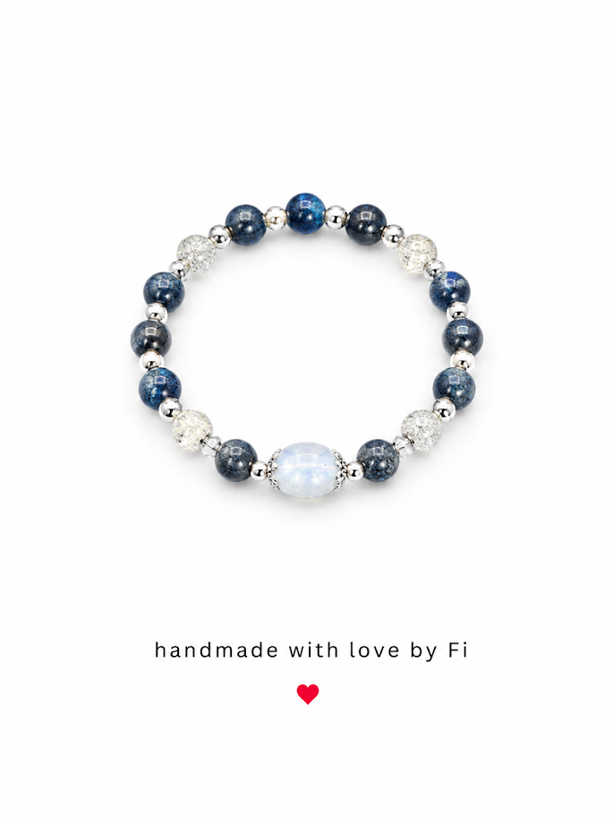 Blue kyanite and clear quartz stretch bracelet with blue chalcedony centrepiece and silver Tibetan caps handmade by Fi