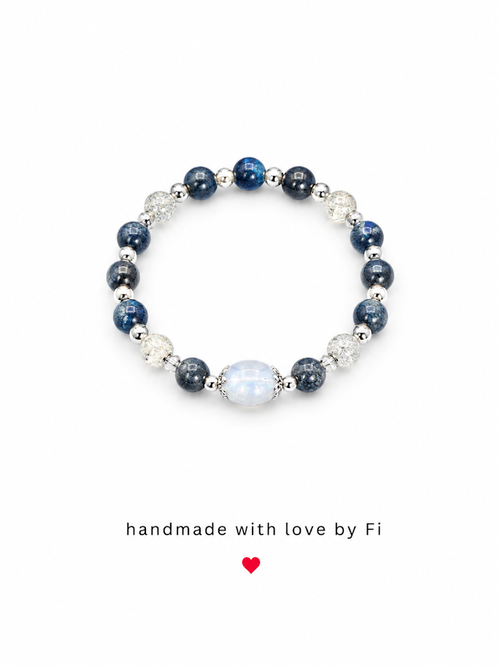 Blue kyanite and clear quartz stretch bracelet with blue chalcedony centrepiece and silver Tibetan caps handmade by Fi