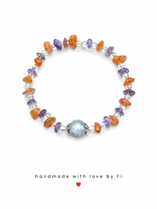 Carnelian and amethyst chip bracelet with iridescent druzy centrepiece handmade by Fi