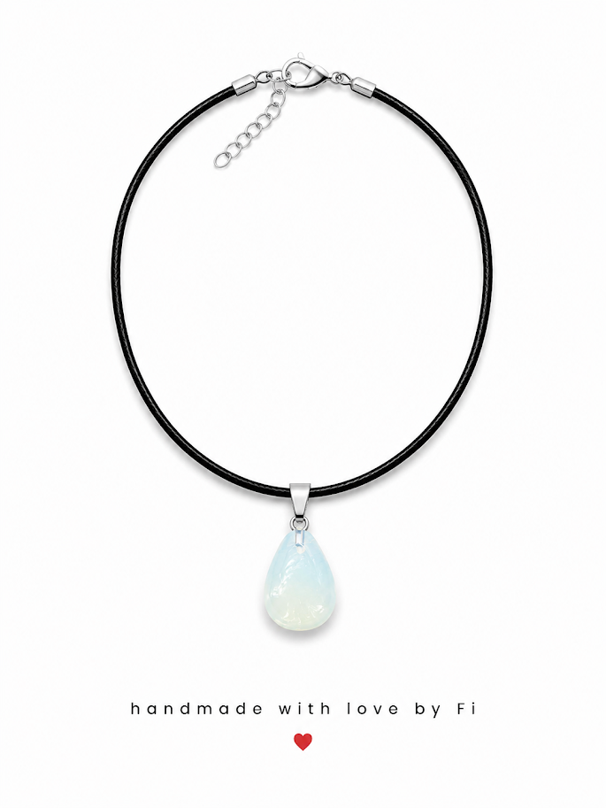 Opalite teardrop pendant necklace on black cord handmade by Fi