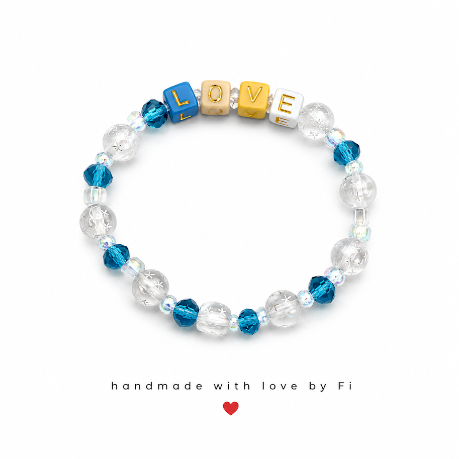 LOVE cube letter bead bracelet with clear quartz and teal crystal beads handmade by Fi