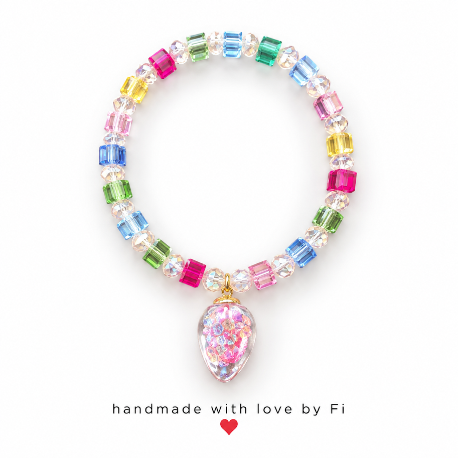 Rainbow Crystal Cube Bracelet with Iridescent Locket Charm handmade by Fi