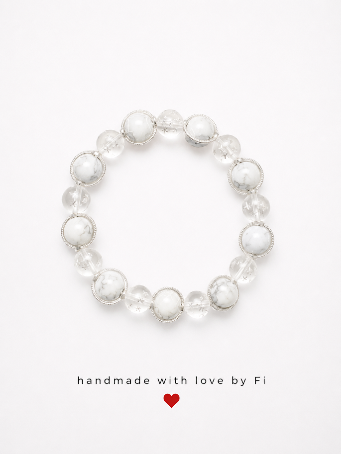 Clear quartz and white howlite bracelet with ornate silver filigree bead caps handmade by Fi
