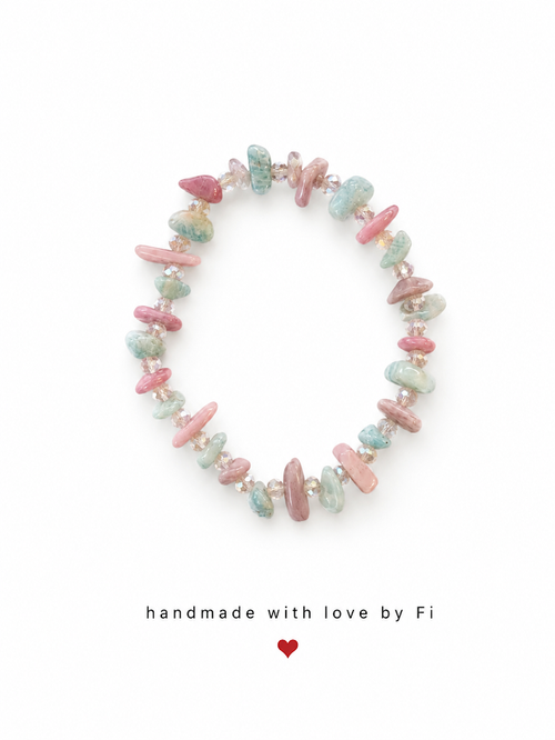 Amazonite and pink rhodonite chip bracelet with clear crystal spacers handmade by Fi