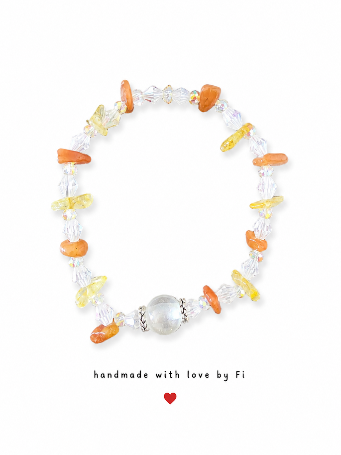 Carnelian and citrine chip bracelet with moonstone focal bead and AB crystal bicones handmade by Fi