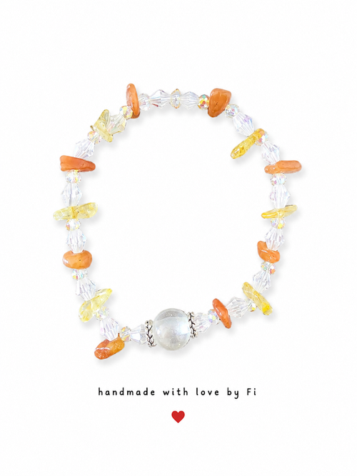 Carnelian and citrine chip bracelet with moonstone focal bead and AB crystal bicones handmade by Fi