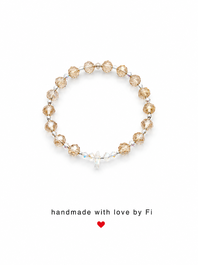 Champagne crystal stretch bracelet with iridescent AB crystal heart pendant charm handmade by Fi