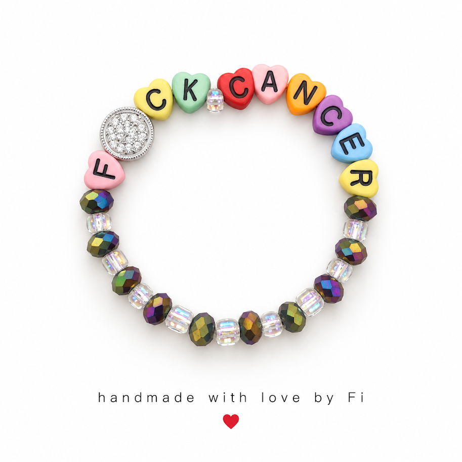 Handmade F*ck Cancer rainbow heart letter bead bracelet with iridescent galaxy crystal beads and rhinestone charm