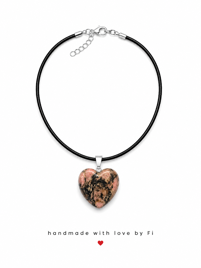 Rhodonite heart pendant necklace on black cord handmade by Fi