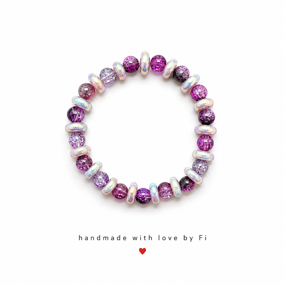 Magenta and purple crackle bead bracelet with iridescent AB opal rondelle spacers handmade by Fi