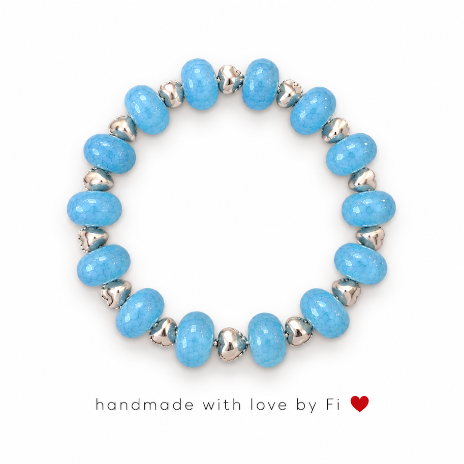 Handmade chunky turquoise and silver heart bead stretch bracelet