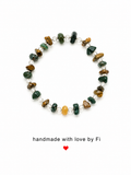 Moss agate and tiger's eye chip bracelet with golden cat's eye centrepiece and crystal spacers handmade by Fi