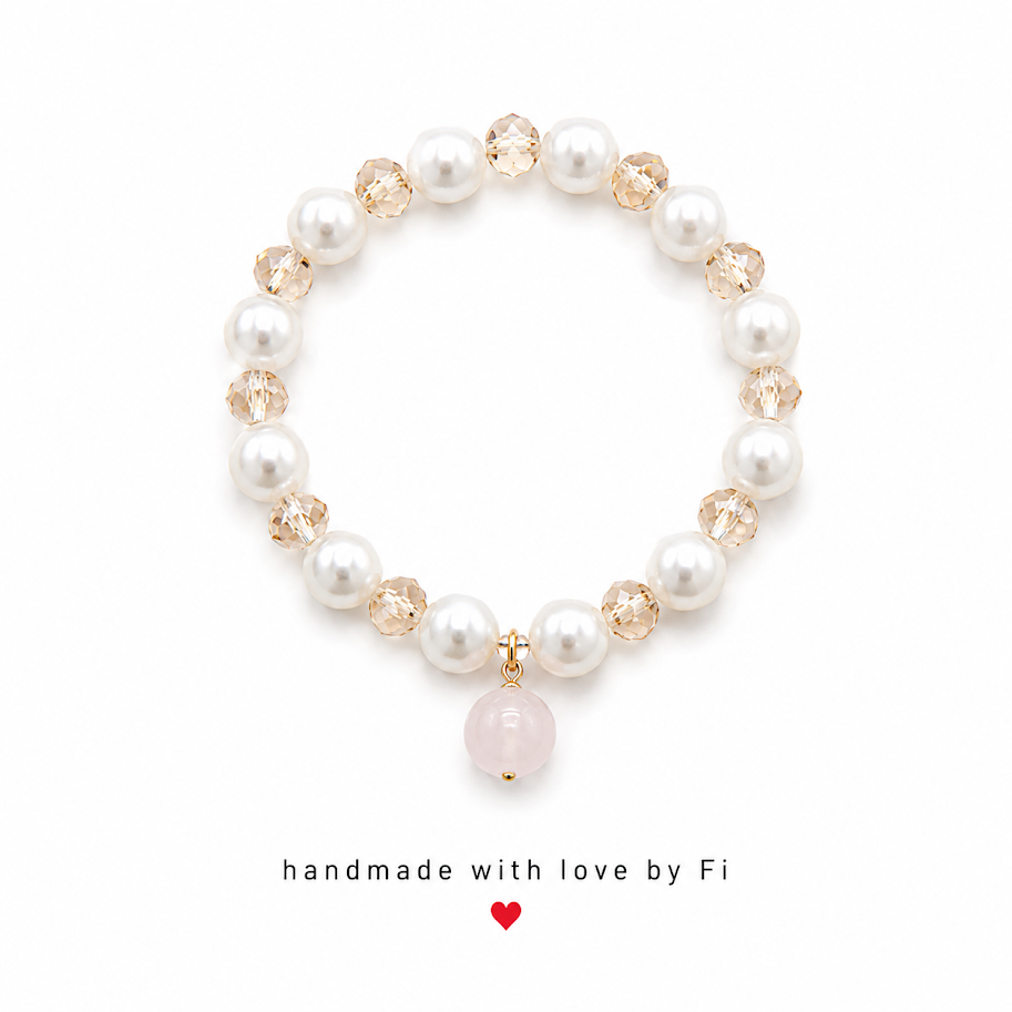Pearl and champagne crystal bracelet with pale pink rose quartz drop pendant and gold bail handmade by Fi