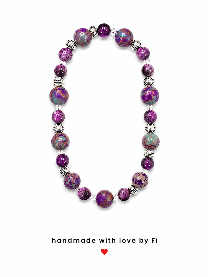 Purple emperor jasper and galaxy agate beaded stretch necklace with silver Tibetan spacers handmade by Fi